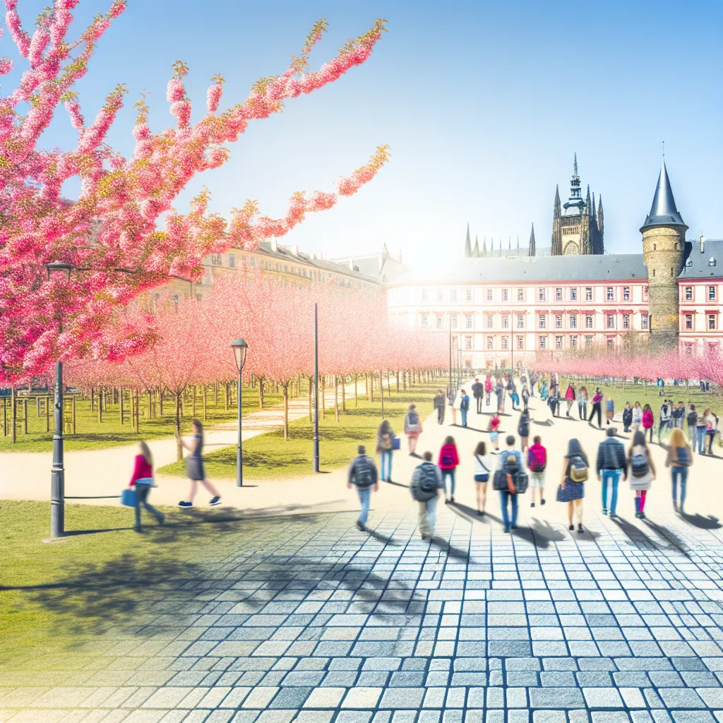 Tavaszi úti cél virágzó várossal és hegyi panorámával